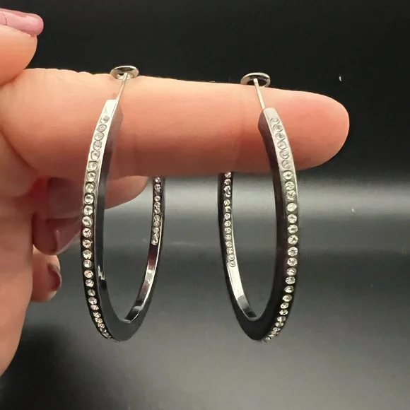 Stainless Steel and Rhinestone Hoop Fashion Earrings - Picture 1 of 3